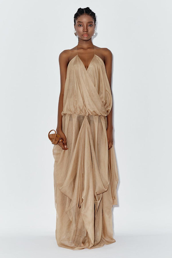 Ocean Blouson Draped Chiffon Maxi Dress