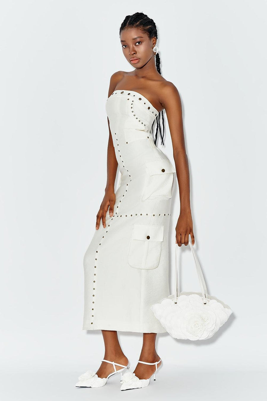 Delphis Strapless Cargo Pocket Chiffon Midi Dress Midi Dress DAS LA VIE