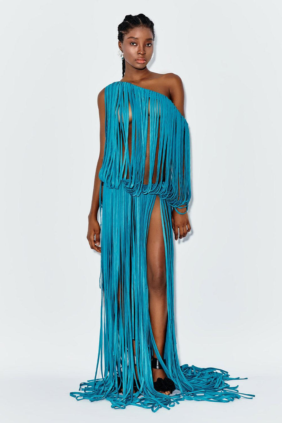 Daphne Blouson Asymmetric Shoulder Silk Blend Extra Long Length Dress Maxi Dress DAS LA VIE