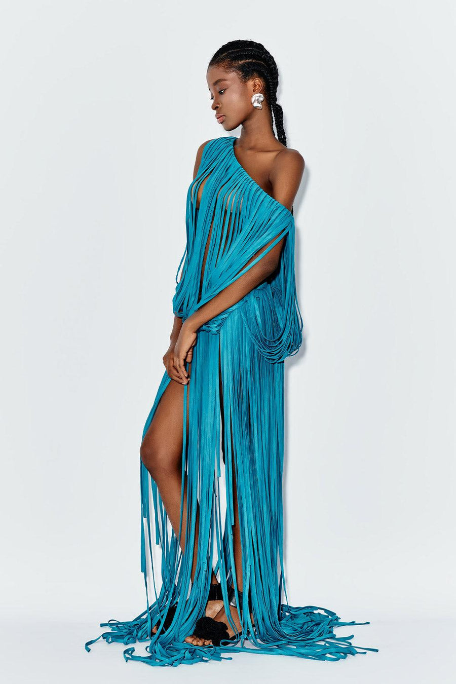 Daphne Blouson Asymmetric Shoulder Silk Blend Extra Long Length Dress Blue Maxi Dress DAS LA VIE