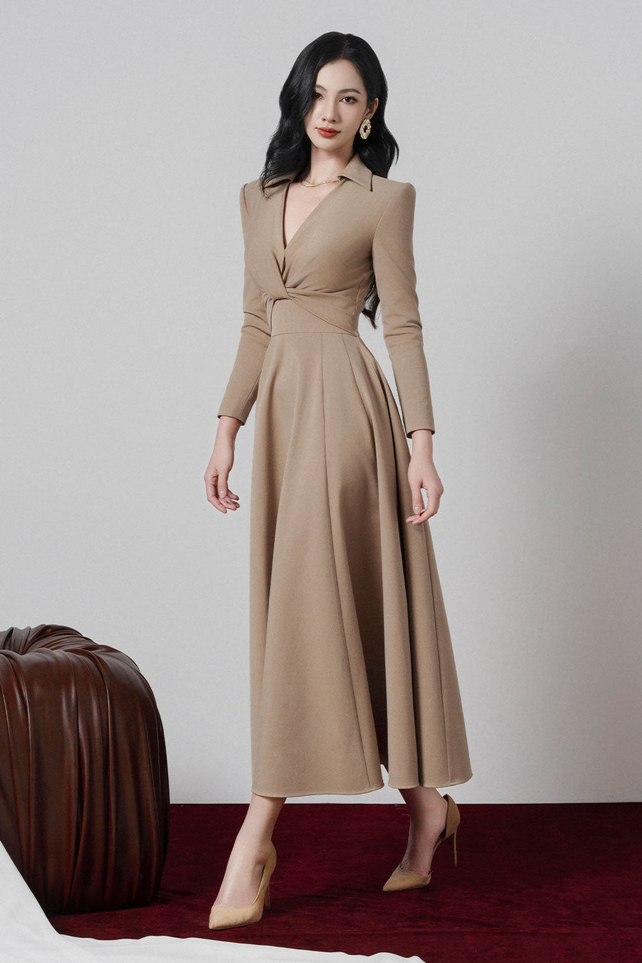 Elowyn Fit and Flare V-Neck Khaki Midi Dress 4