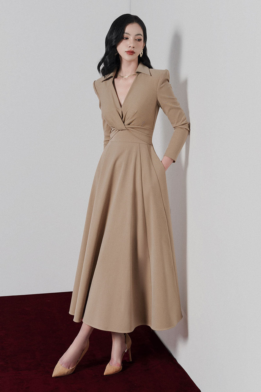 Elowyn Fit and Flare V-Neck Khaki Midi Dress 5