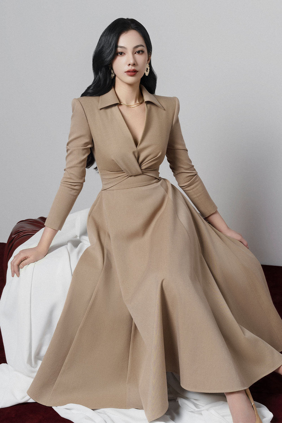 Elowyn Fit and Flare V-Neck Khaki Midi Dress 2