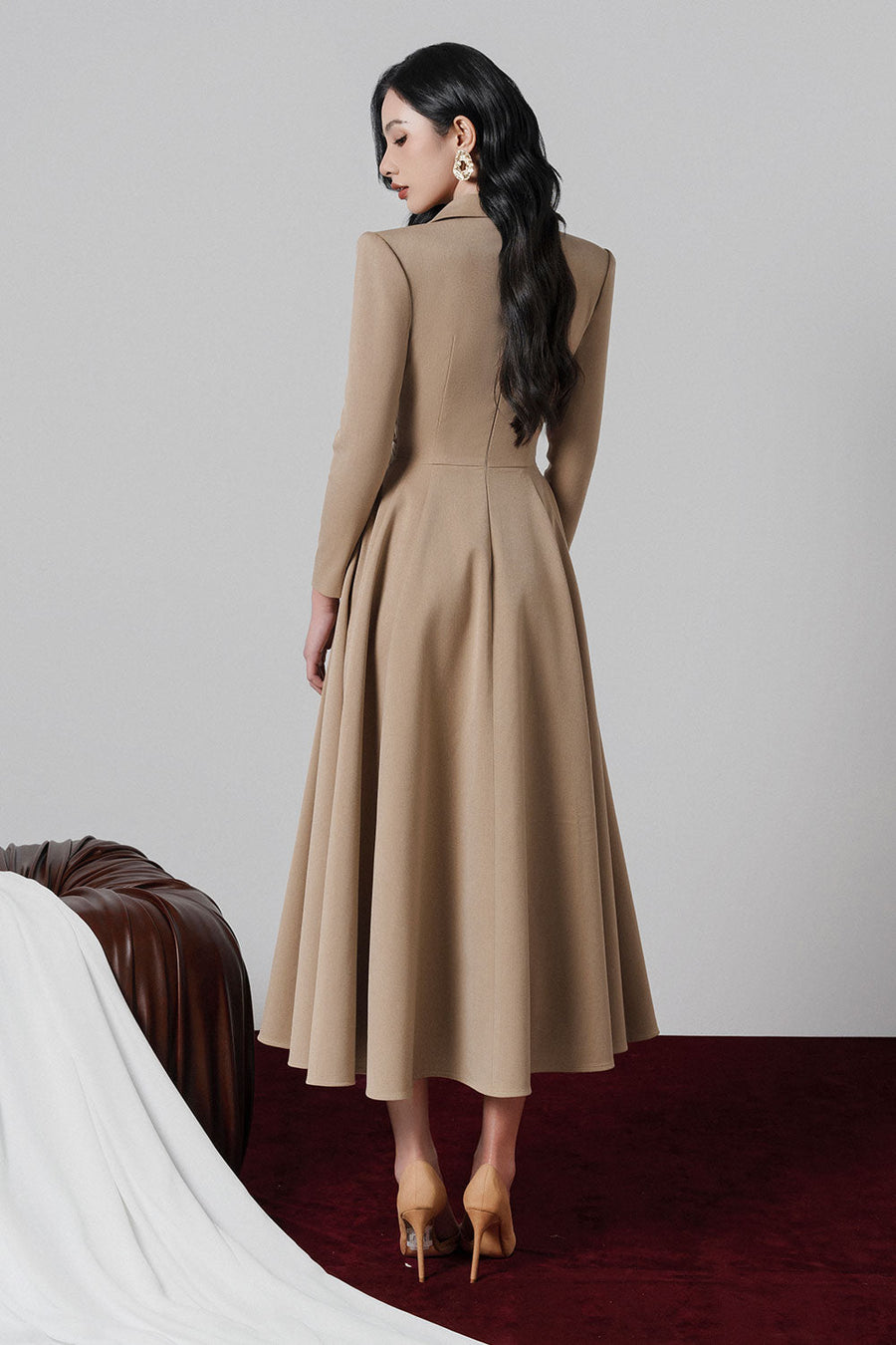Elowyn Fit and Flare V-Neck Khaki Midi Dress 3