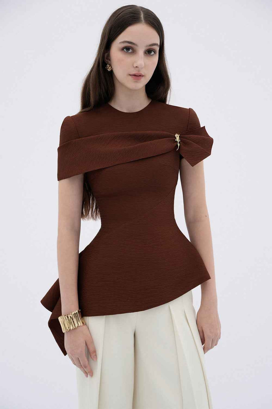 Sienna Peplum Asymmetric Sleeved Raw Fabric Top