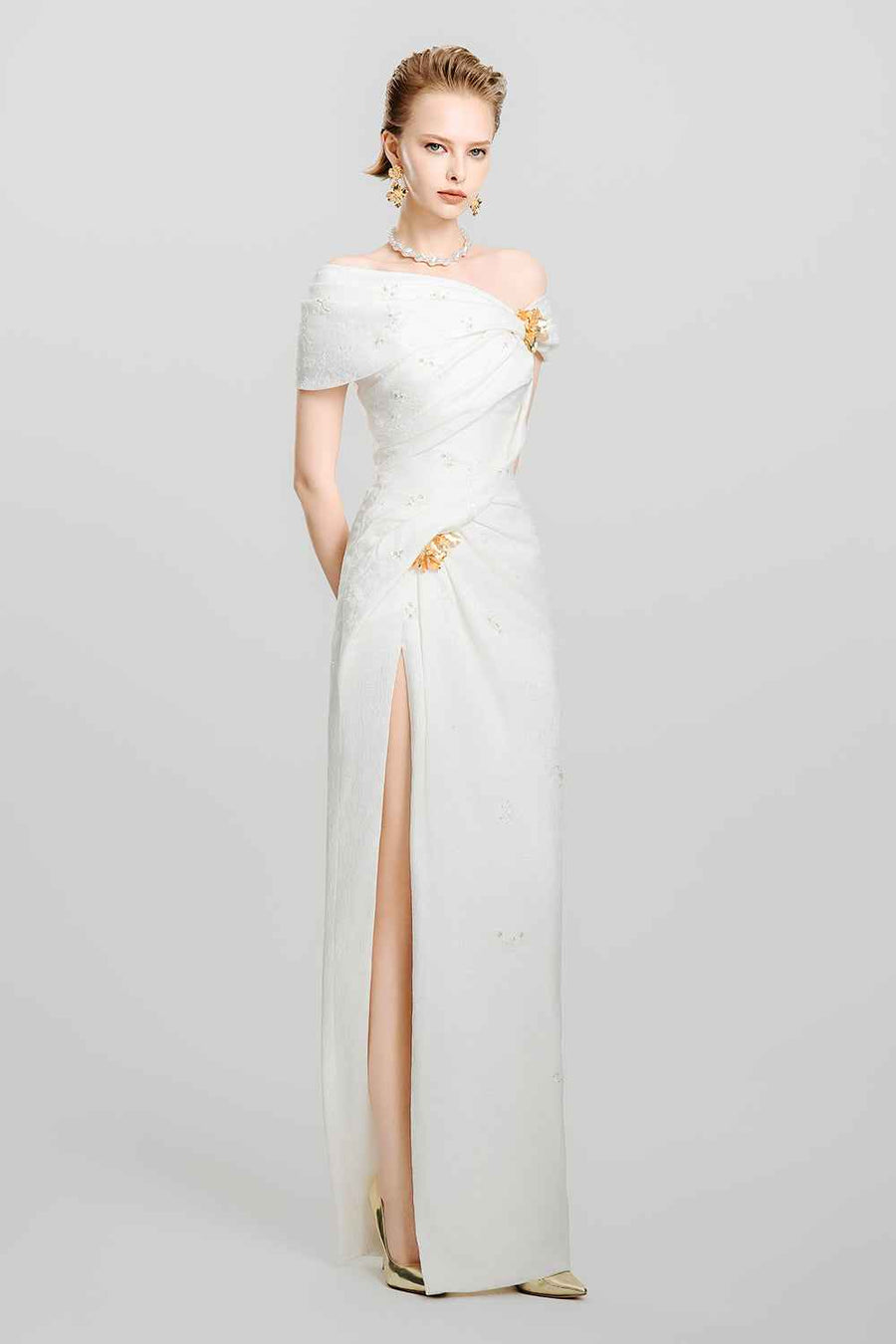 Snow Veil Sheath Side Slit Canvas Maxi Dress