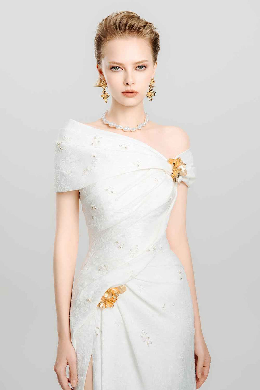 Snow Veil Sheath Side Slit Canvas Maxi Dress