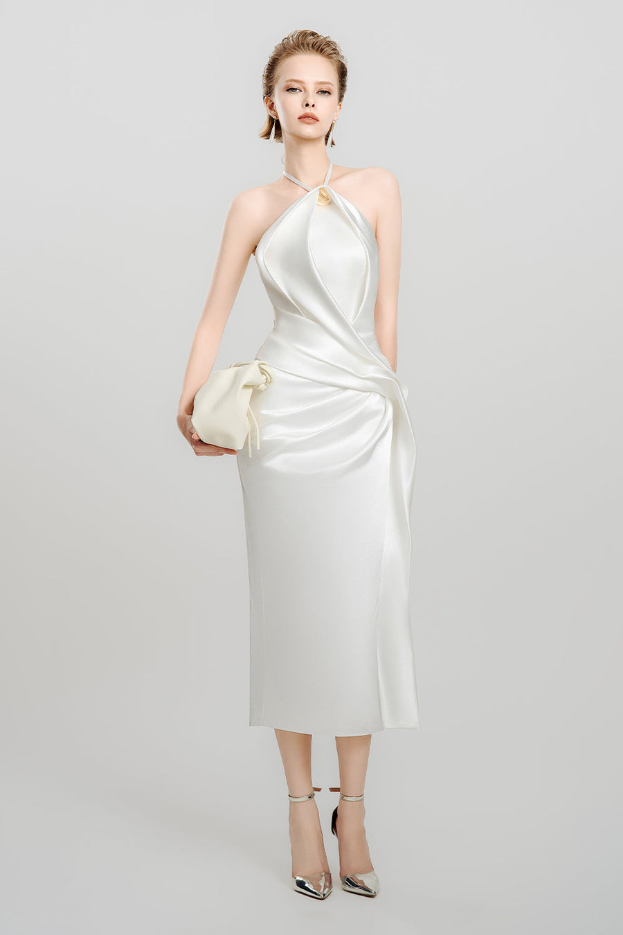 Silken Moon Sheath Halter Neck Satin Midi Dress 7