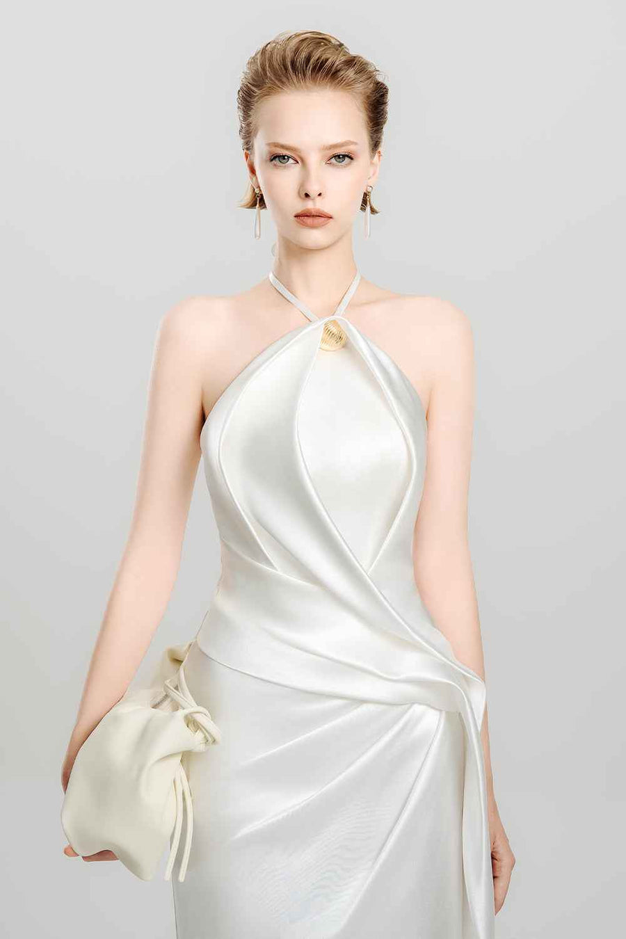Silken Moon Sheath Halter Neck Satin Midi Dress