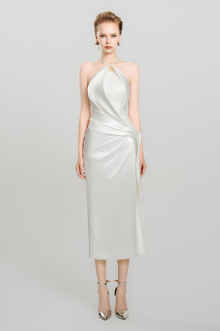 Silken Moon Sheath Halter Neck Satin Midi Dress 6