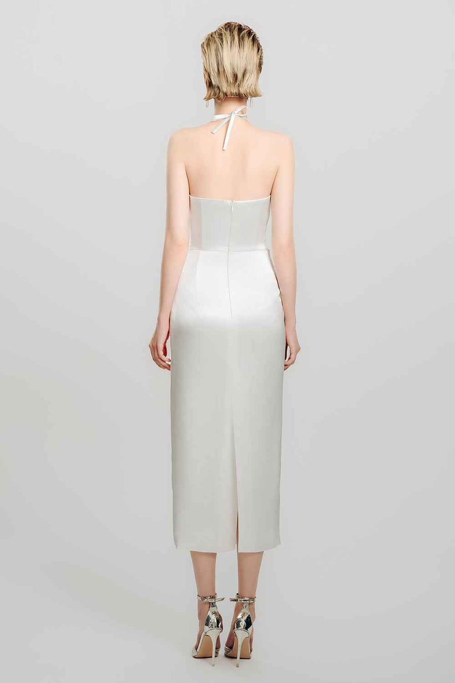 Silken Moon Sheath Halter Neck Satin Midi Dress