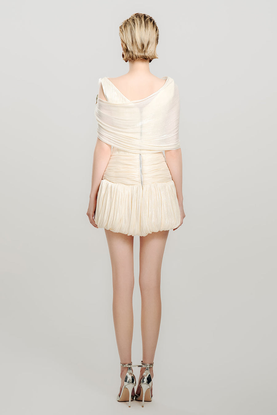 Sugar Pearl Bubble Asymmetric Shoulder Crinkle Chiffon Mini Dress 5