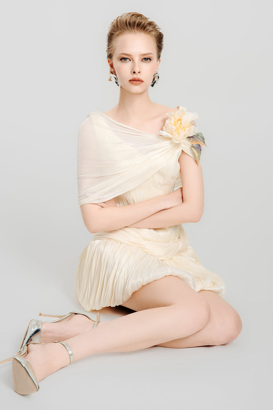 Sugar Pearl Bubble Asymmetric Shoulder Crinkle Chiffon Mini Dress 7