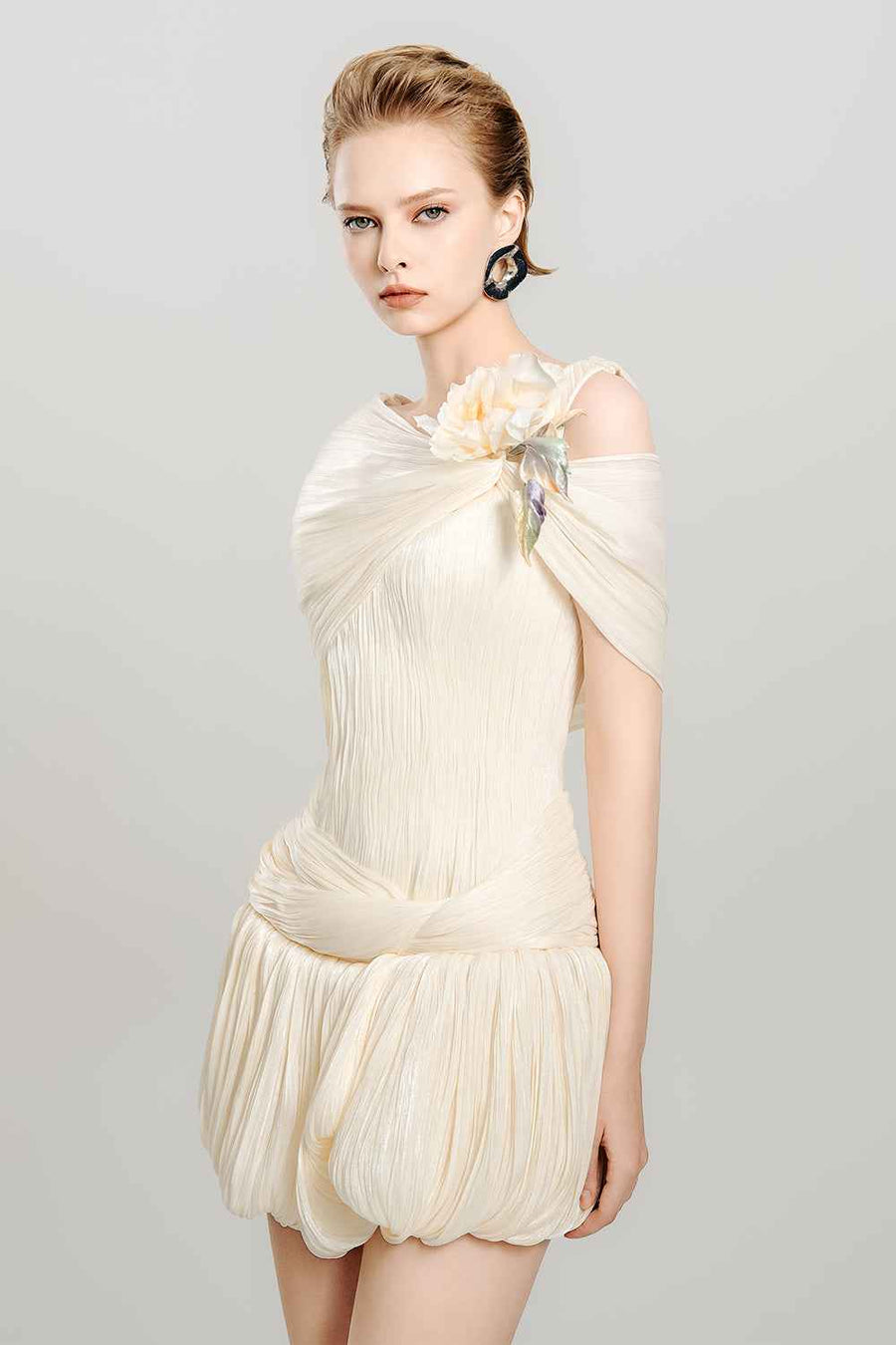 Sugar Pearl Bubble Asymmetric Shoulder Crinkle Chiffon Mini Dress