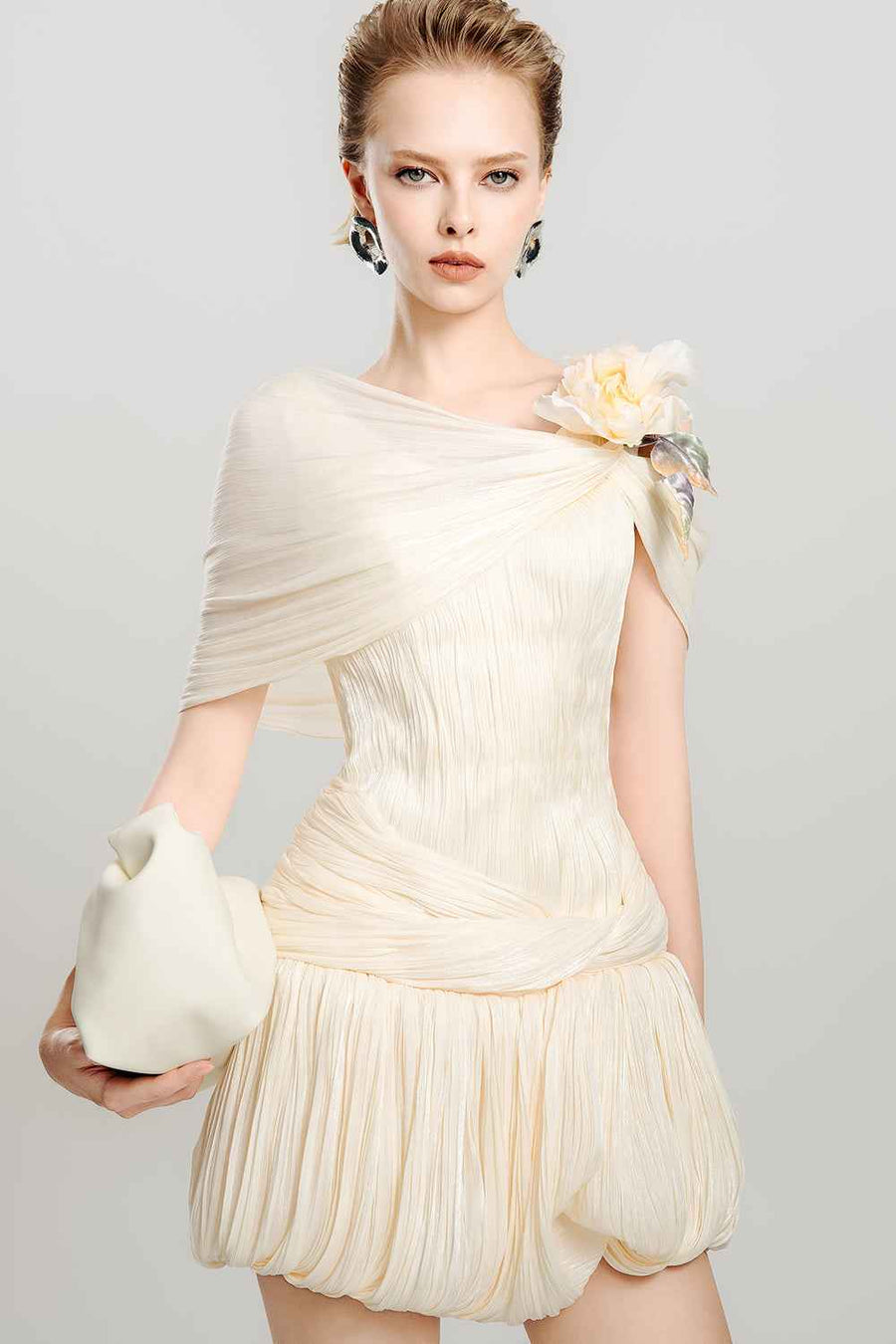 Sugar Pearl Bubble Asymmetric Shoulder Crinkle Chiffon Mini Dress