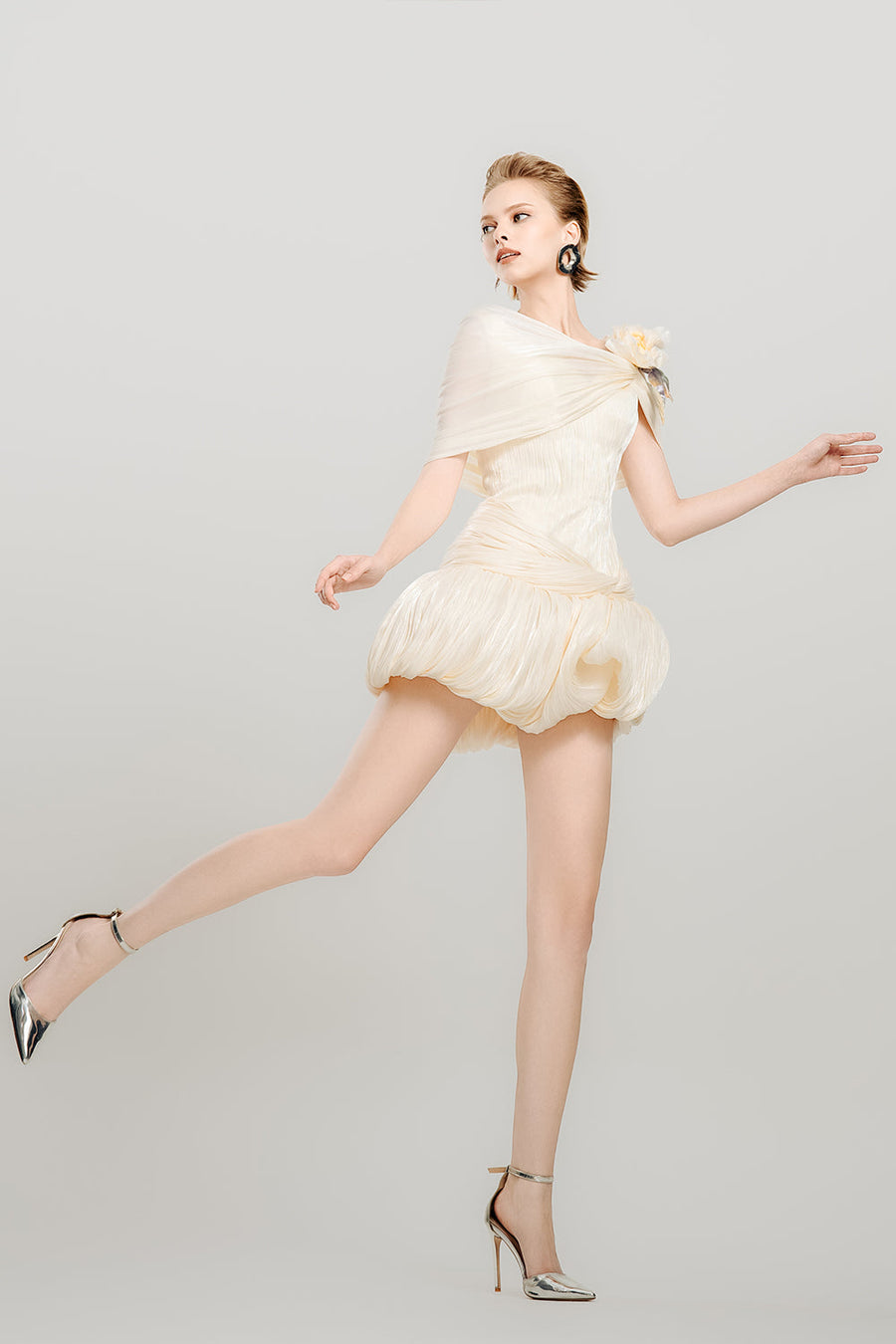 Sugar Pearl Bubble Asymmetric Shoulder Crinkle Chiffon Mini Dress 9