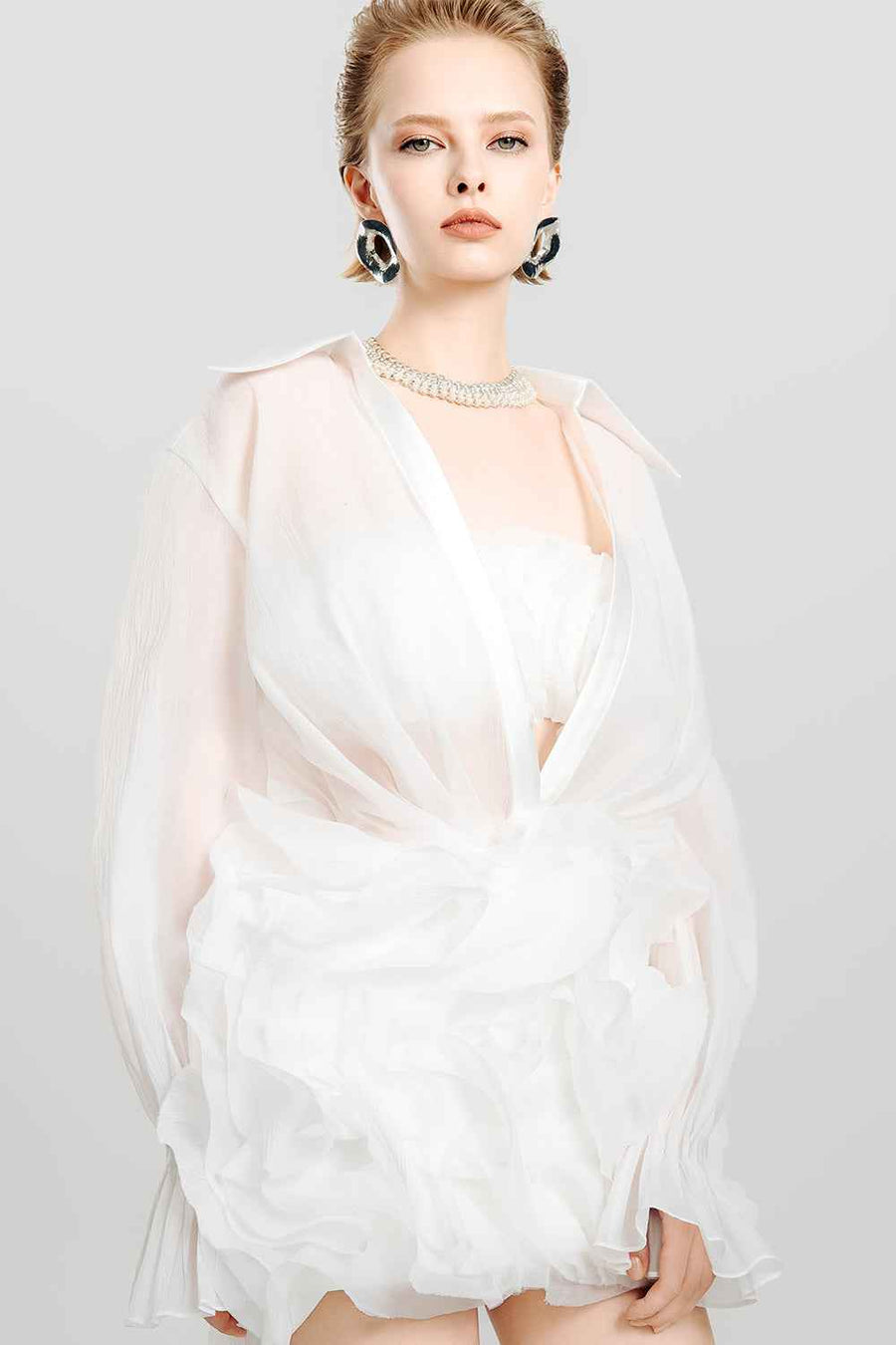 White Bloom Blouson Sheer Chiffon Mini Set