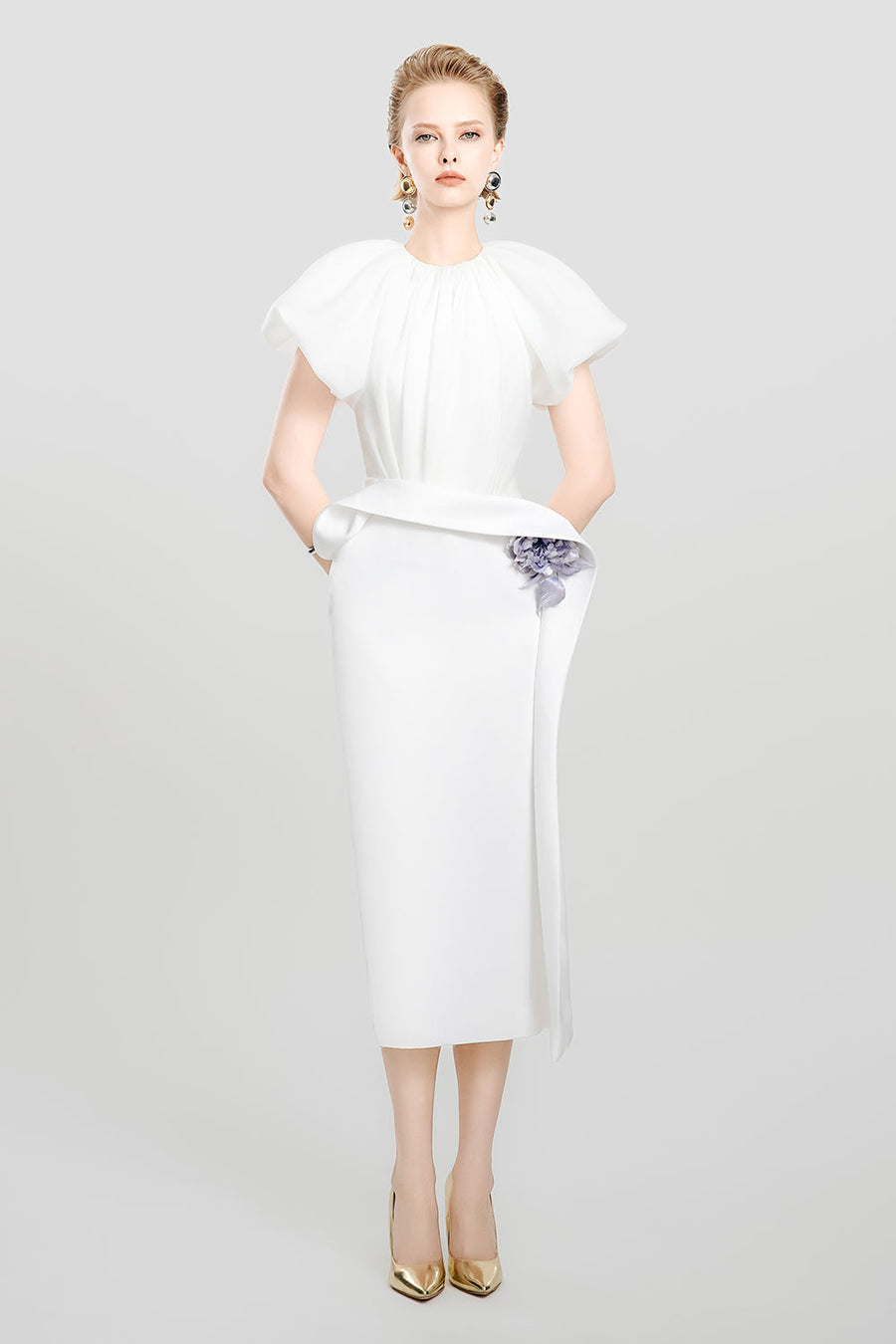 Cloud Whisper Pegged Puffy Sleeved Satin Midi Dress 6
