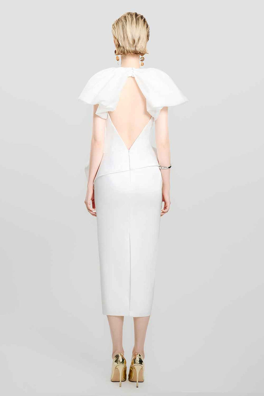 Cloud Whisper Pegged Puffy Sleeved Satin Midi Dress