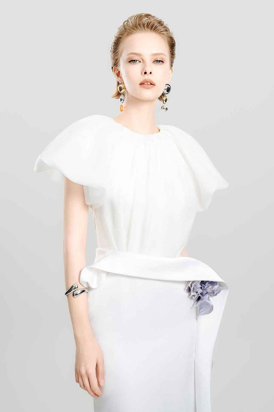 Cloud Whisper Pegged Puffy Sleeved Satin Midi Dress