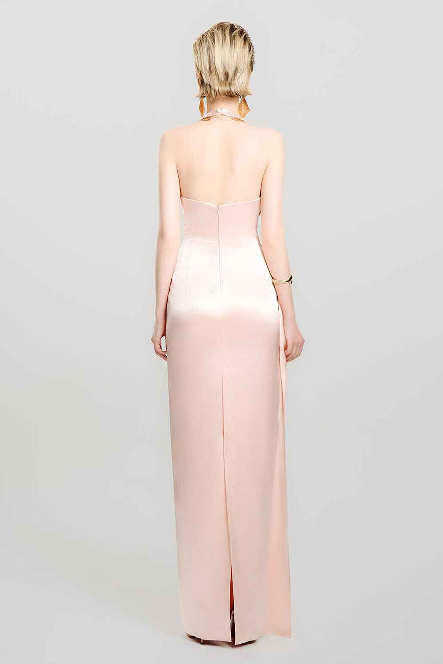 Blush Mist Sheath Cowl Neck Satin Maxi Dress