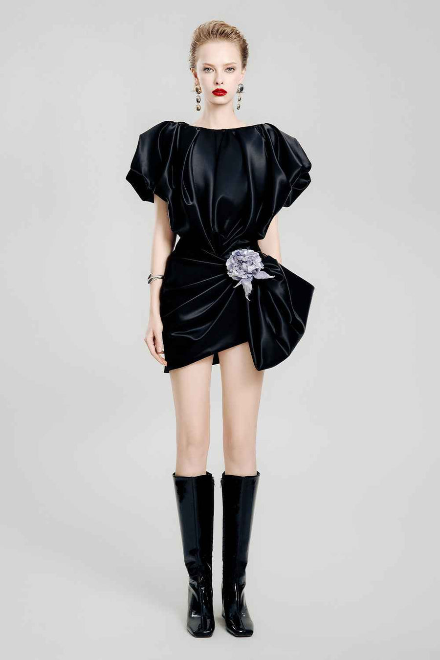 Dark Petal Asymmetric Puffy Sleeved Satin Mini Dress
