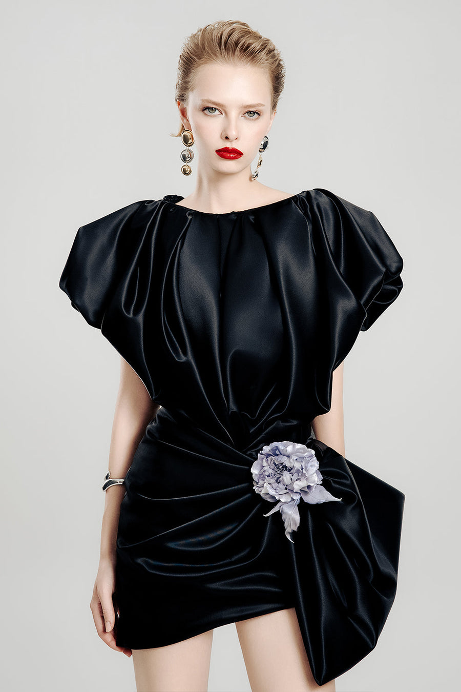 Dark Petal Asymmetric Puffy Sleeved Satin Mini Dress 5