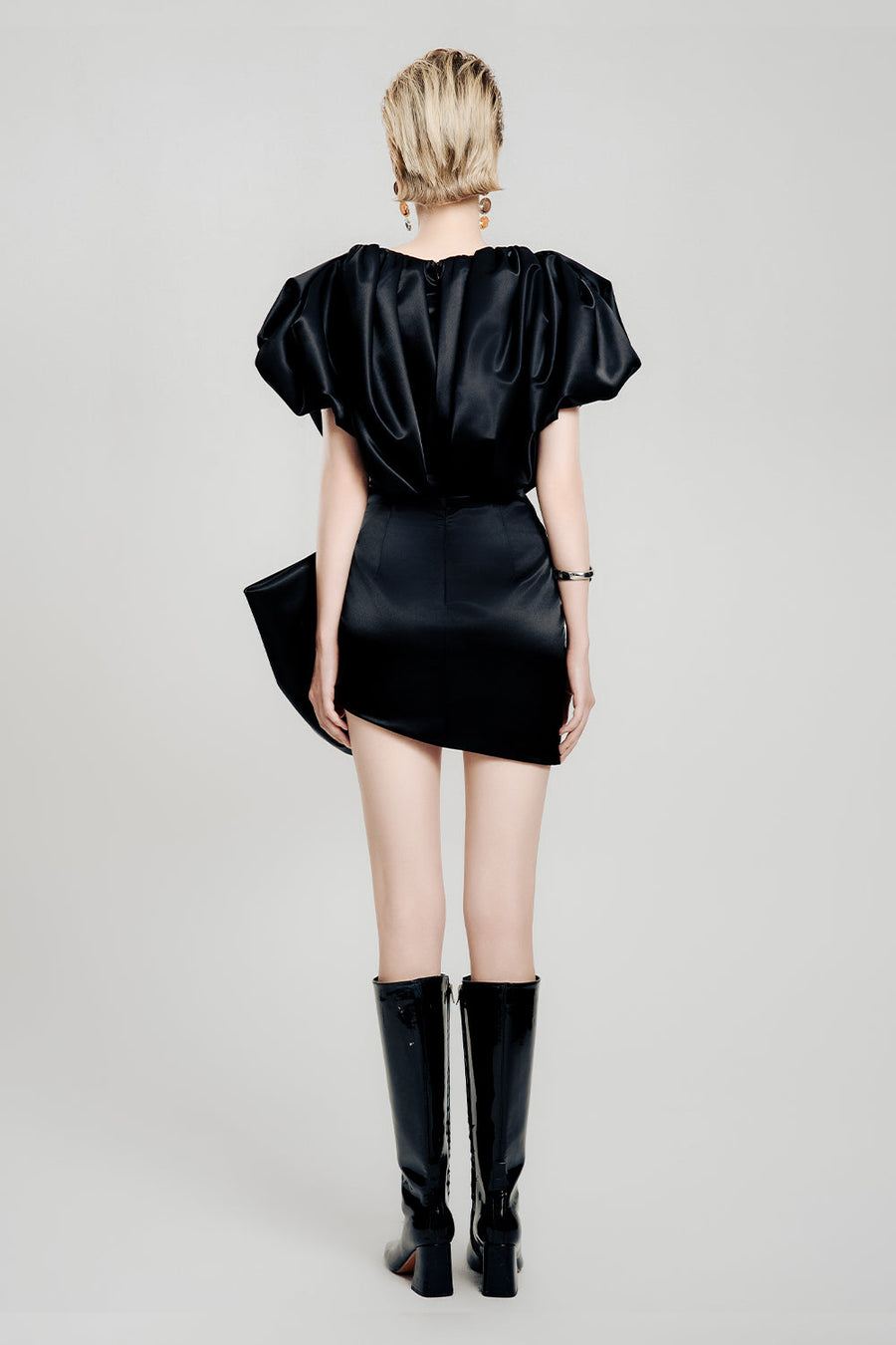 Dark Petal Asymmetric Puffy Sleeved Satin Mini Dress 6