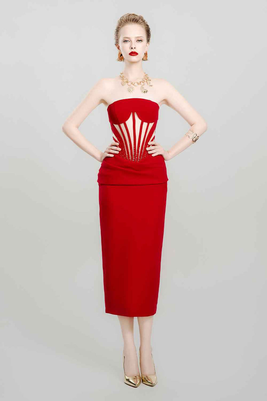 Scarlet Shell Pegged Corset Waist Crepe Midi Dress
