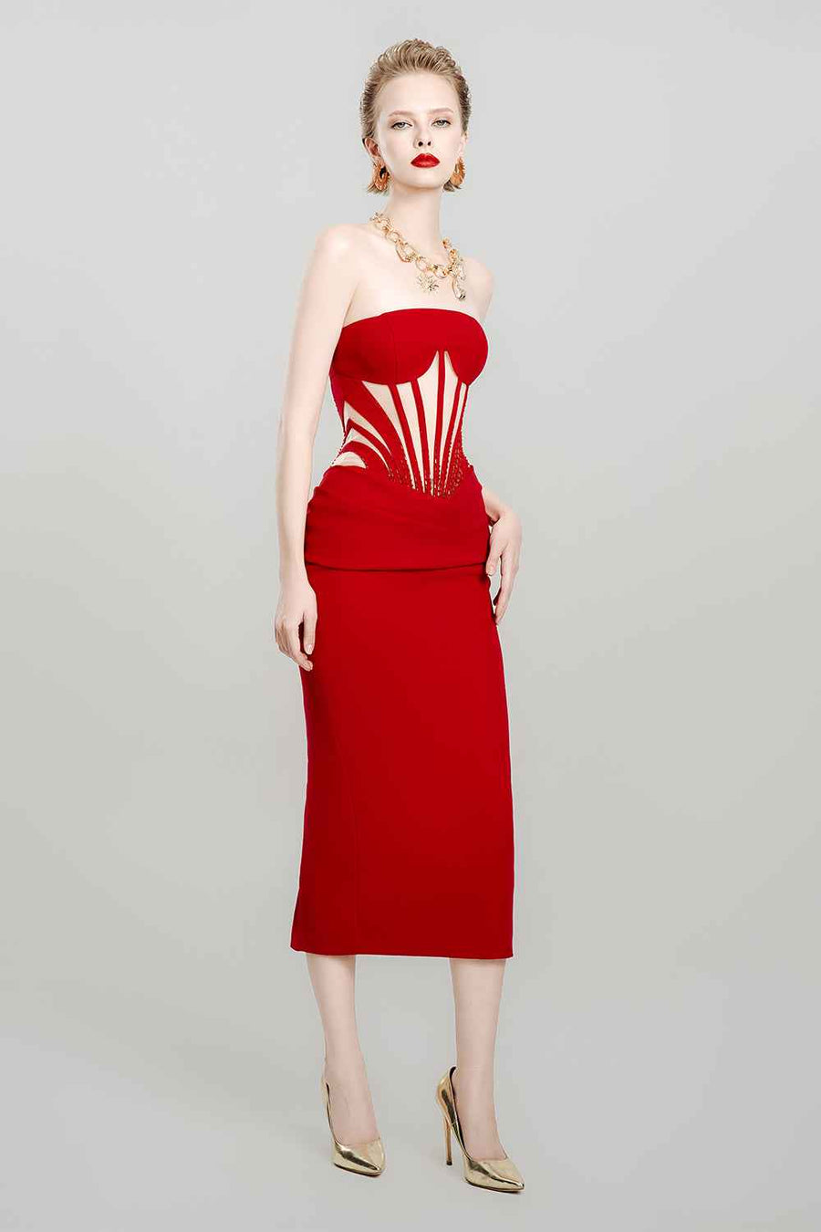 Scarlet Shell Pegged Corset Waist Crepe Midi Dress