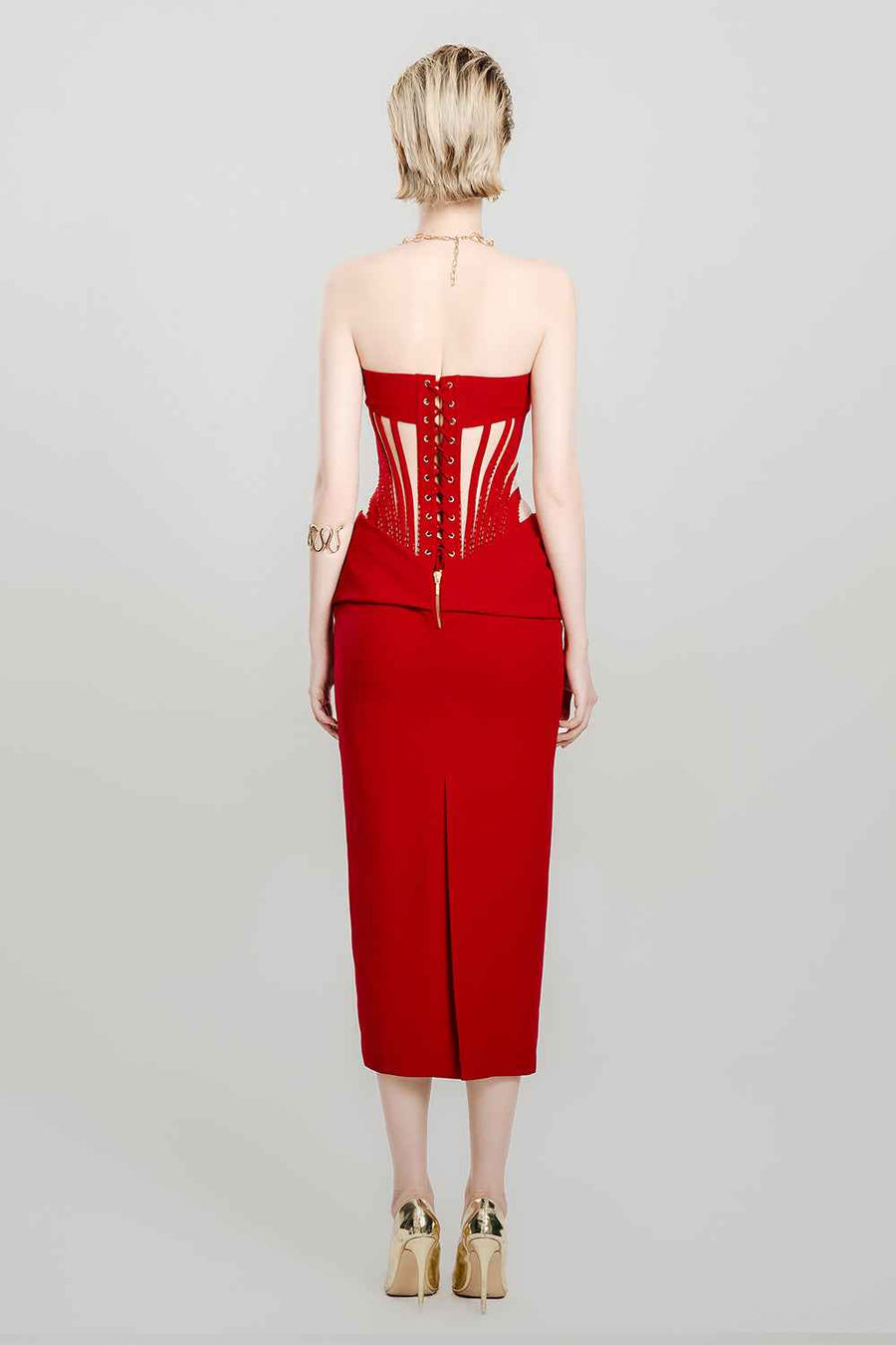 Scarlet Shell Pegged Corset Waist Crepe Midi Dress