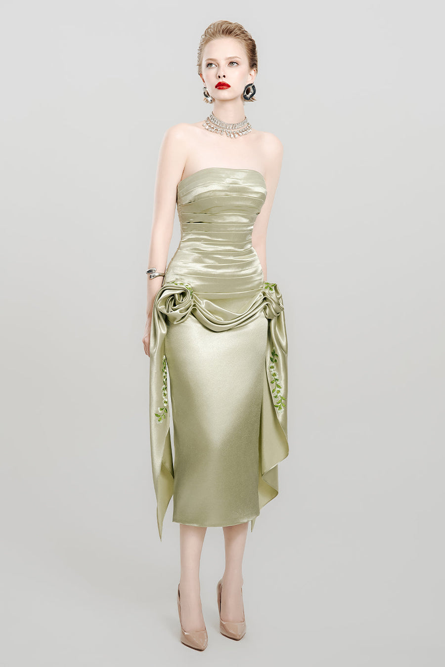Olive Dream Drop Waist Symmetric Flap Satin Midi Dress 5