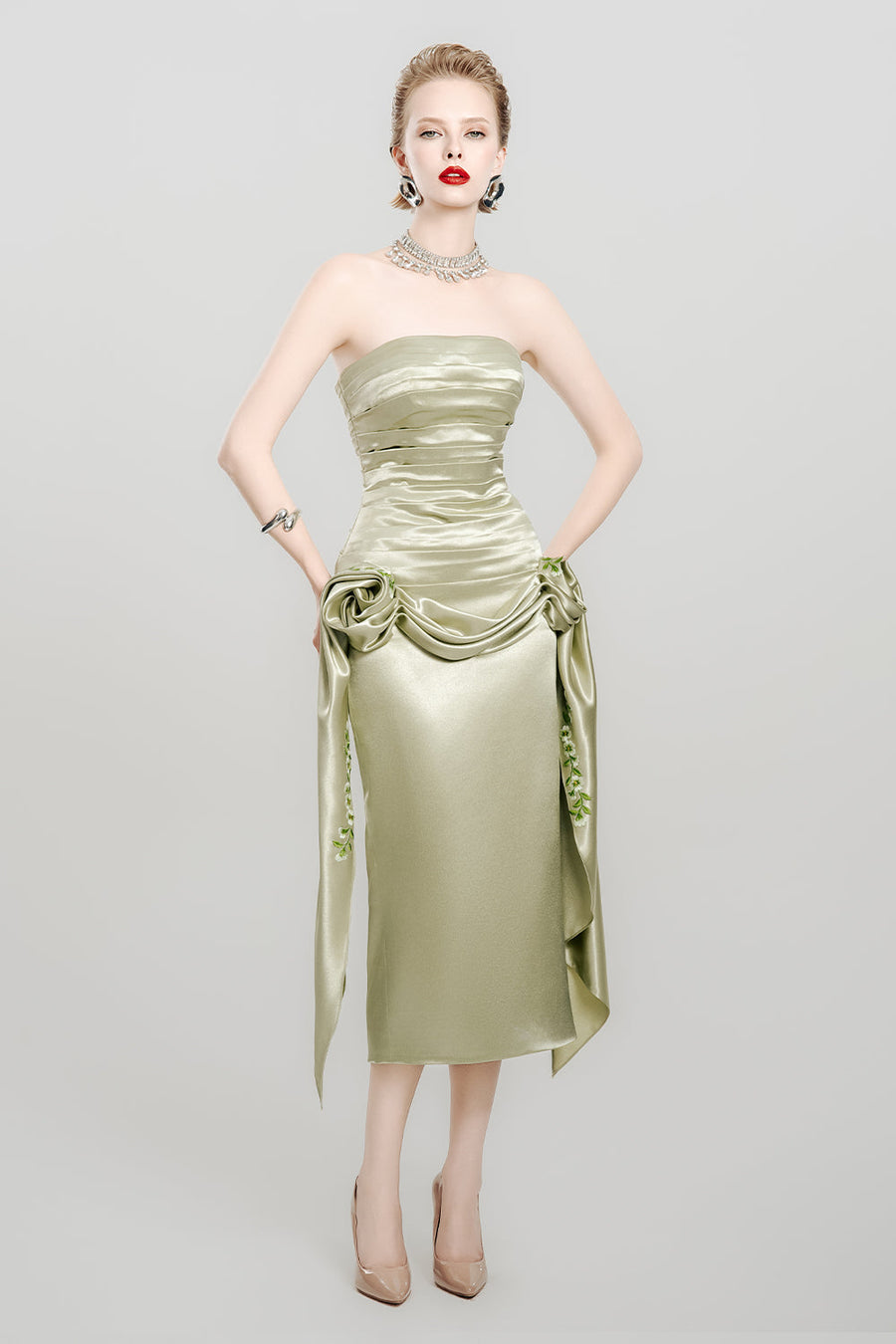 Olive Dream Drop Waist Symmetric Flap Satin Midi Dress 6