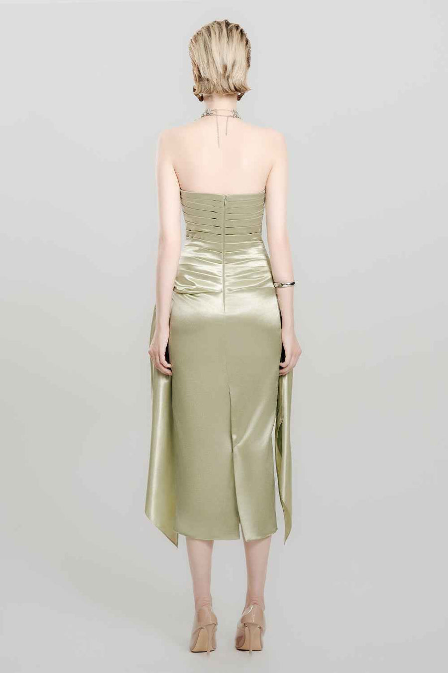 Olive Dream Drop Waist Symmetric Flap Satin Midi Dress