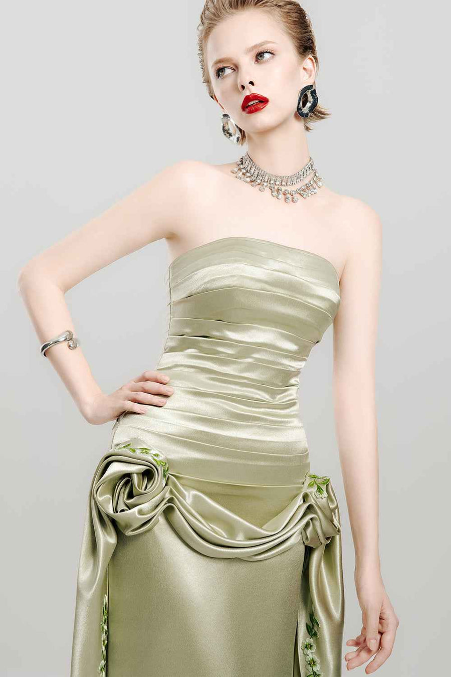 Olive Dream Drop Waist Symmetric Flap Satin Midi Dress