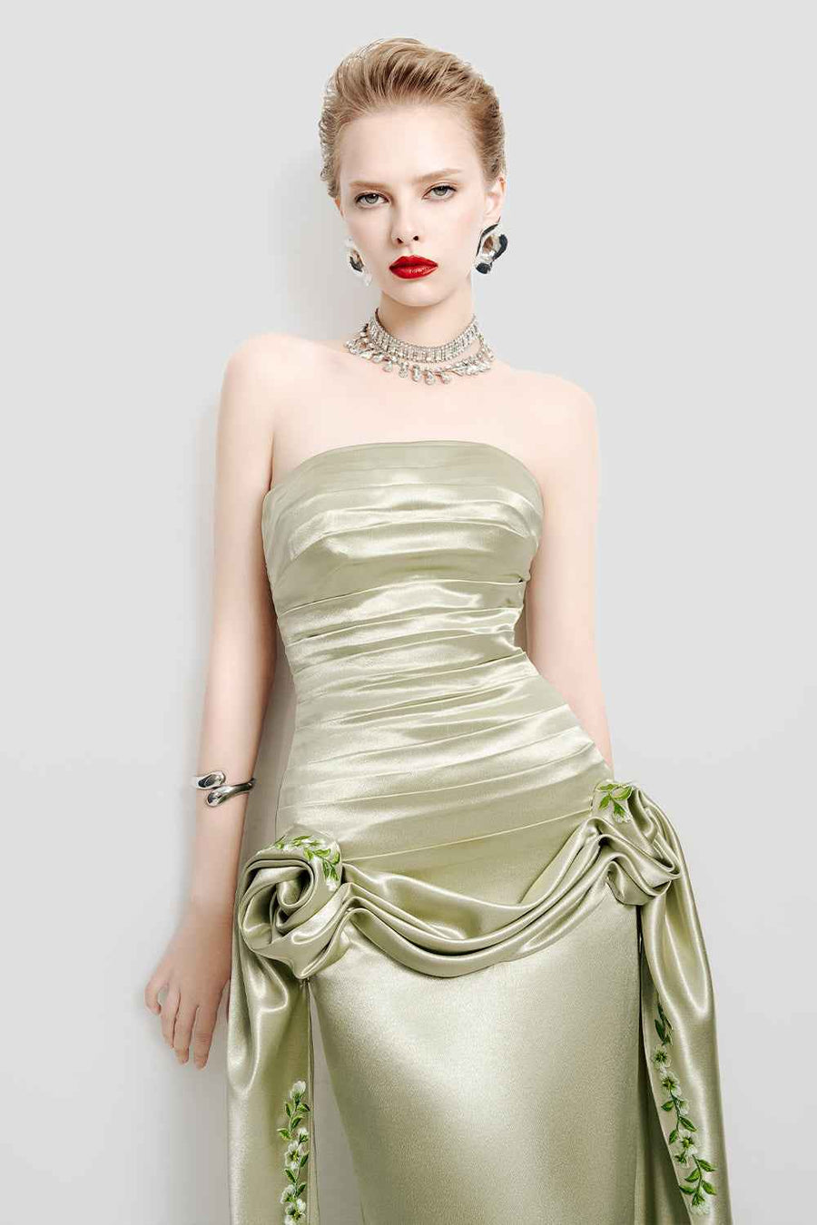 Olive Dream Drop Waist Symmetric Flap Satin Midi Dress