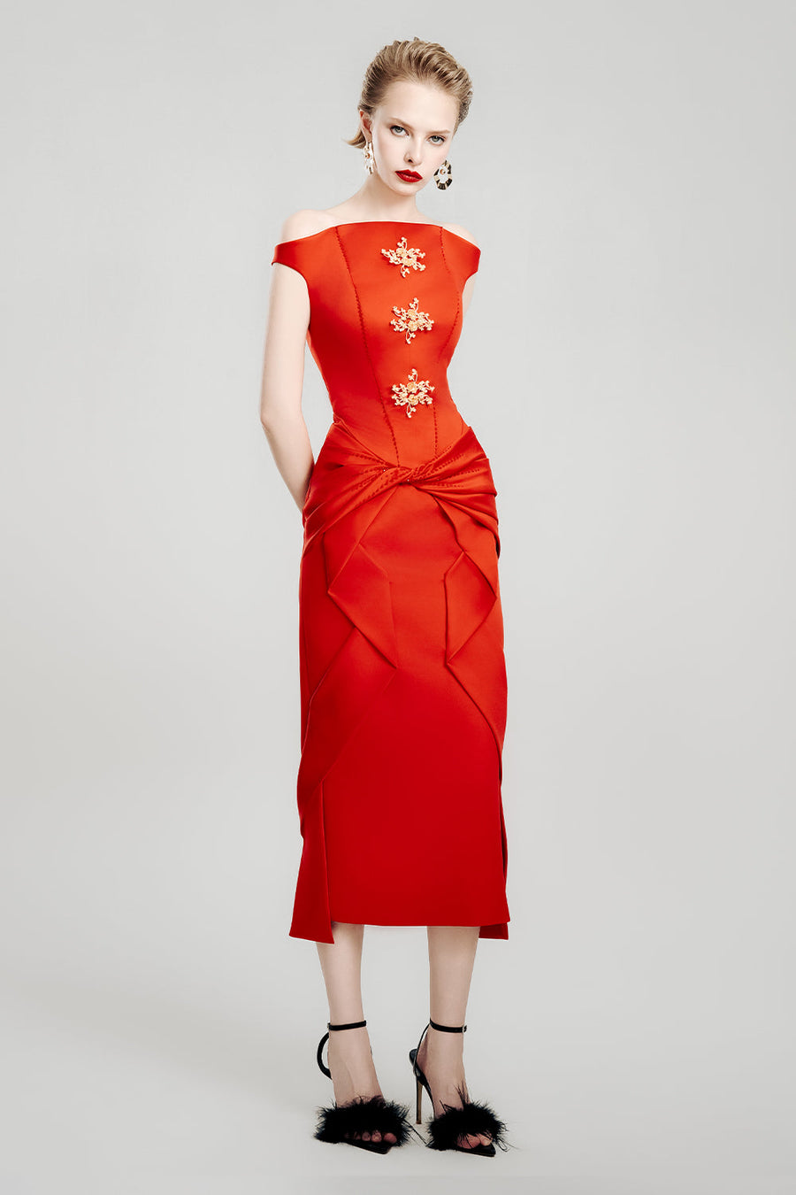 Crimson Grace Sheath Twisted Satin Midi Dress 5