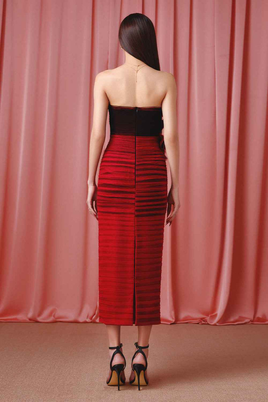 Eclipse Charm Sheath Pintucks Mesh Midi Dress