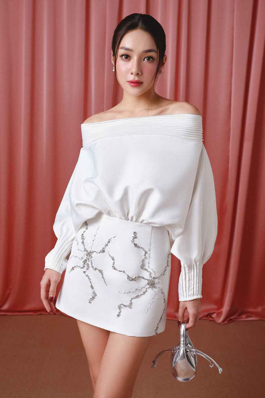 Ivory Grace Blouson Off-Shoulder Taffeta Mini Dress