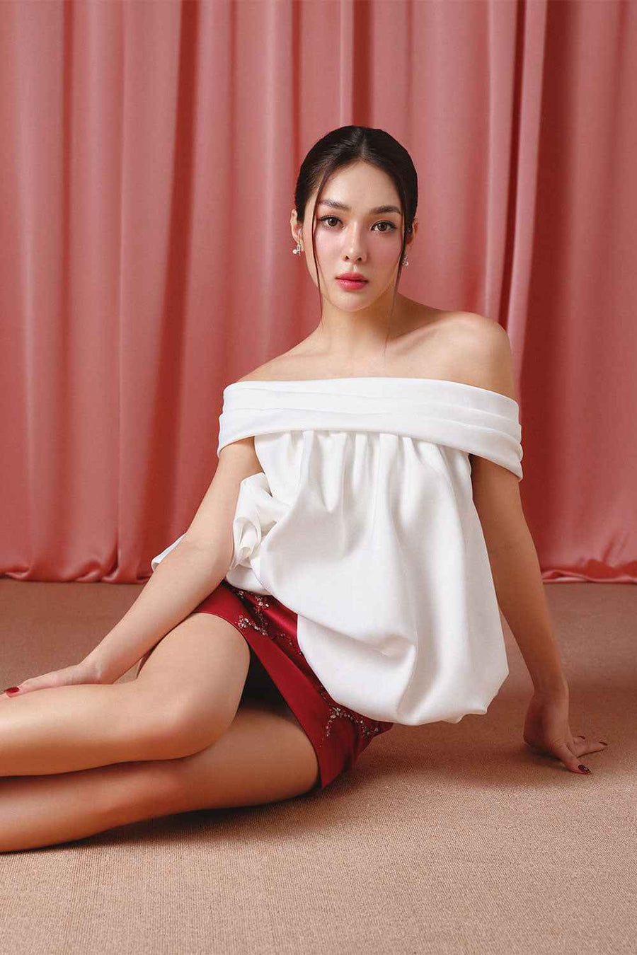 Duo Charm Bubble Off-Shoulder Taffeta Mini Dress