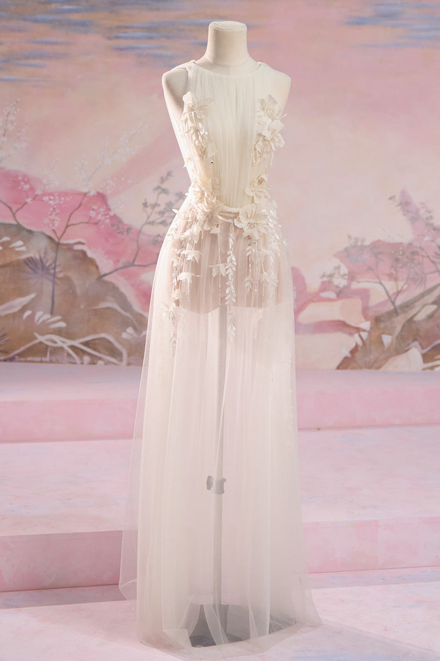 Donna Gathered Flower Applique Mesh Silk Floor Length Dress Maxi Dress Angeletta