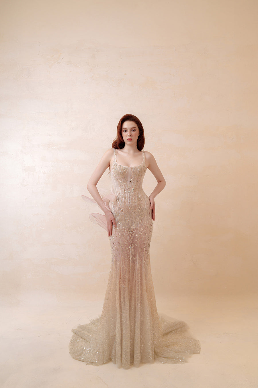 Champagne Muse Beaded Mermaid Gown with Sculptural Pink Floral Accent - Blush Formal Dress Dresses ressalina2