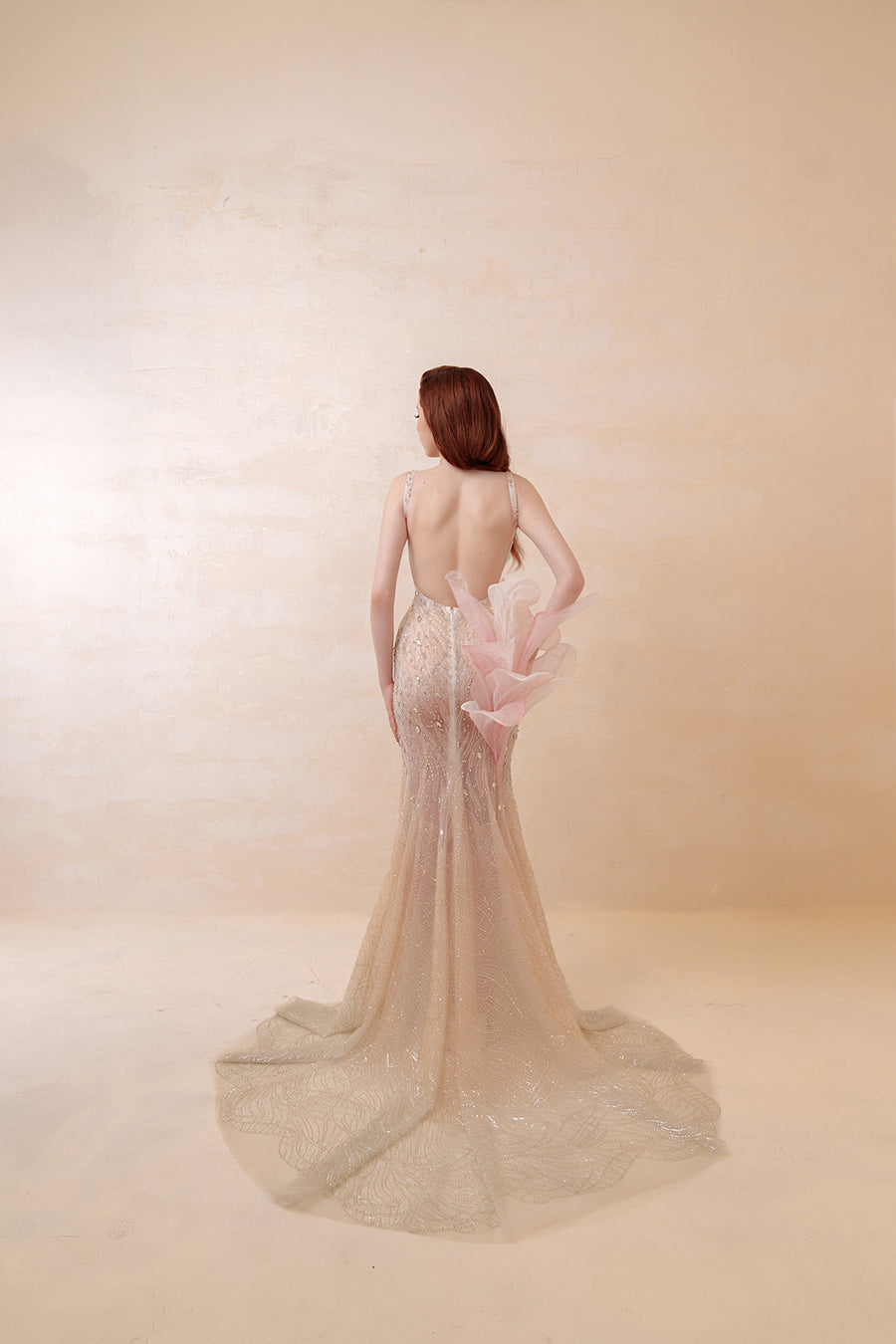 Champagne Muse Beaded Mermaid Gown with Sculptural Pink Floral Accent - Blush Formal Dress Dresses ressalina2