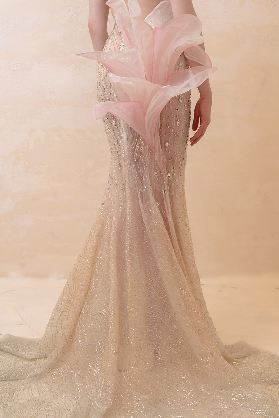Champagne Muse Beaded Mermaid Gown with Sculptural Pink Floral Accent - Blush Formal Dress Dresses ressalina2