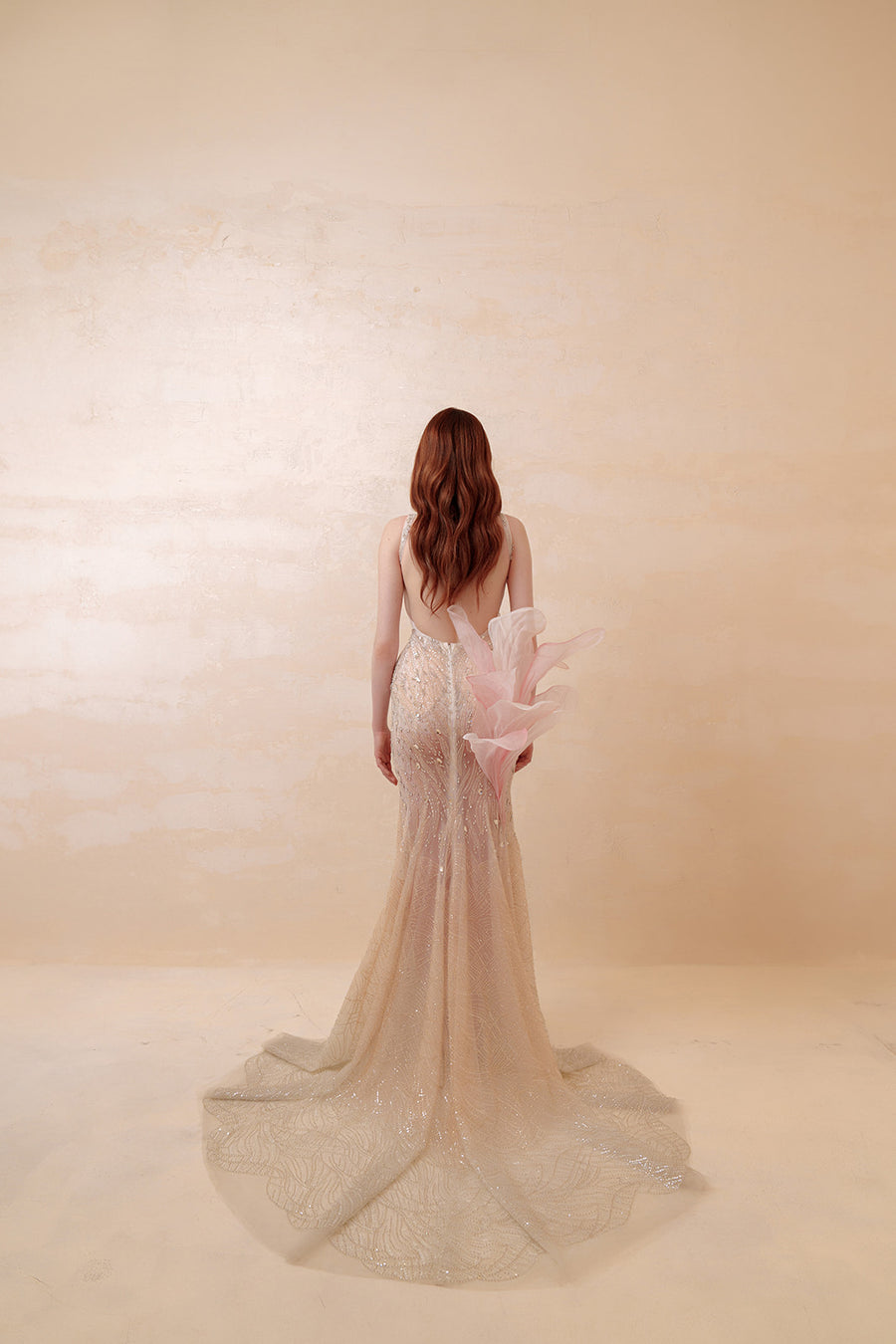 Champagne Muse Beaded Mermaid Gown with Sculptural Pink Floral Accent - Blush Formal Dress Dresses ressalina2