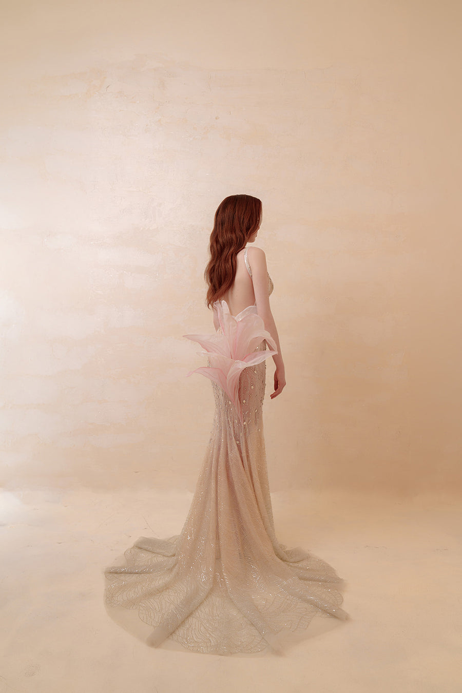 Champagne Muse Beaded Mermaid Gown with Sculptural Pink Floral Accent - Blush Formal Dress Dresses ressalina2