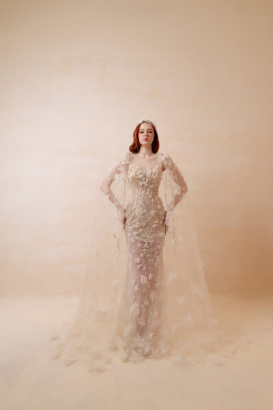 Gilded Glamour Beaded Mermaid Gown - Sculptural Cascading Sleeves & Sweep Train - Champagne Formal Dress Evening Gowns ressalina2