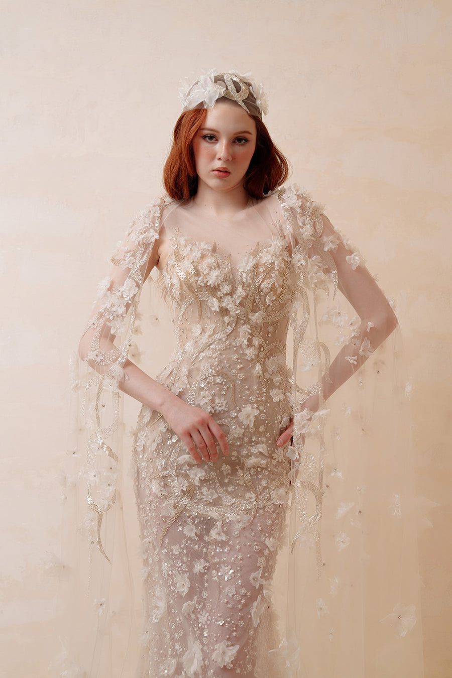 Gilded Glamour Beaded Mermaid Gown - Sculptural Cascading Sleeves & Sweep Train - Champagne Formal Dress Evening Gowns ressalina2