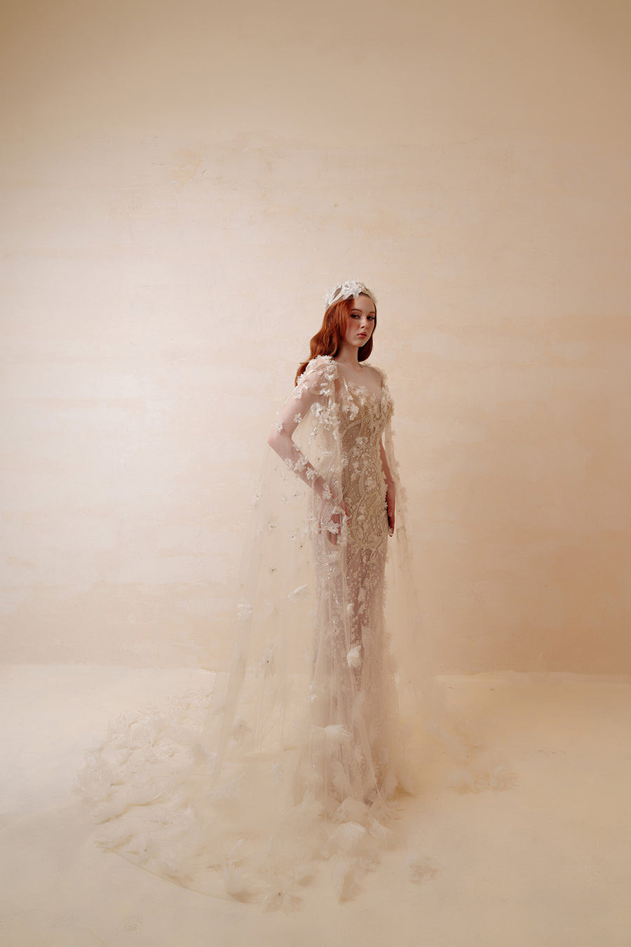 Gilded Glamour Beaded Mermaid Gown - Sculptural Cascading Sleeves & Sweep Train - Champagne Formal Dress Evening Gowns ressalina2