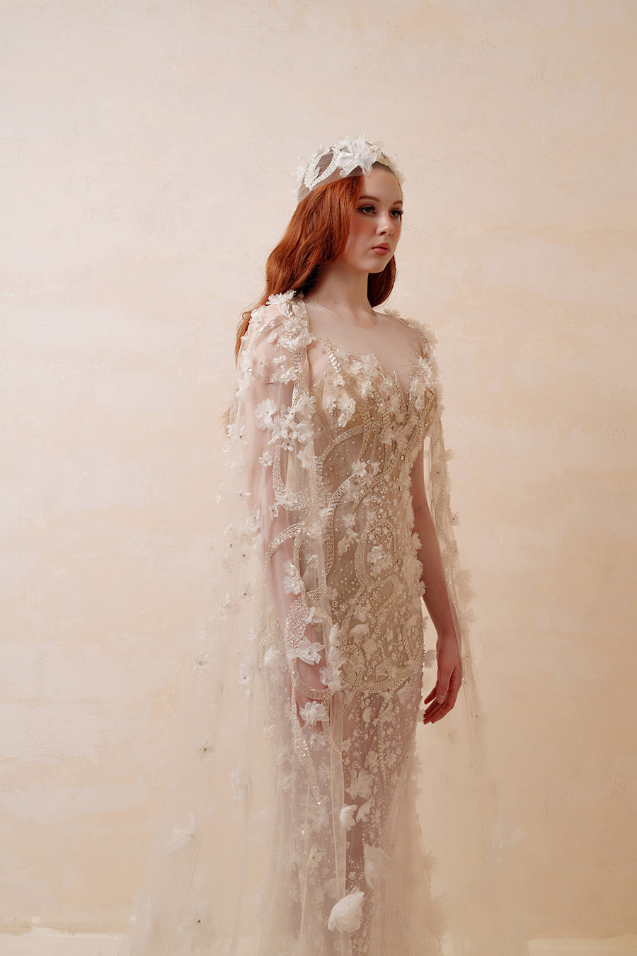 Gilded Glamour Beaded Mermaid Gown - Sculptural Cascading Sleeves & Sweep Train - Champagne Formal Dress Evening Gowns ressalina2